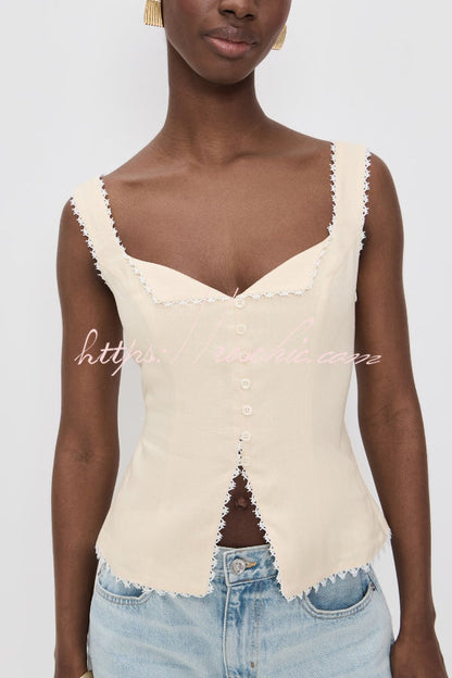 Fashionable Lace-trimmed V-neck Sleeveless Slim-fit Vest