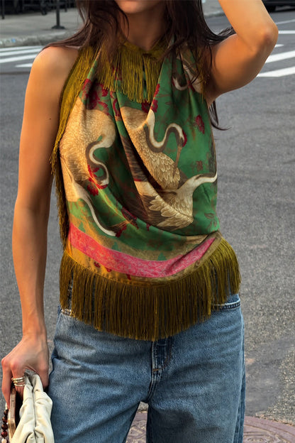 Like An Artwork Satin Color-block Crane Print Tassel Trim Halter Backless Tank