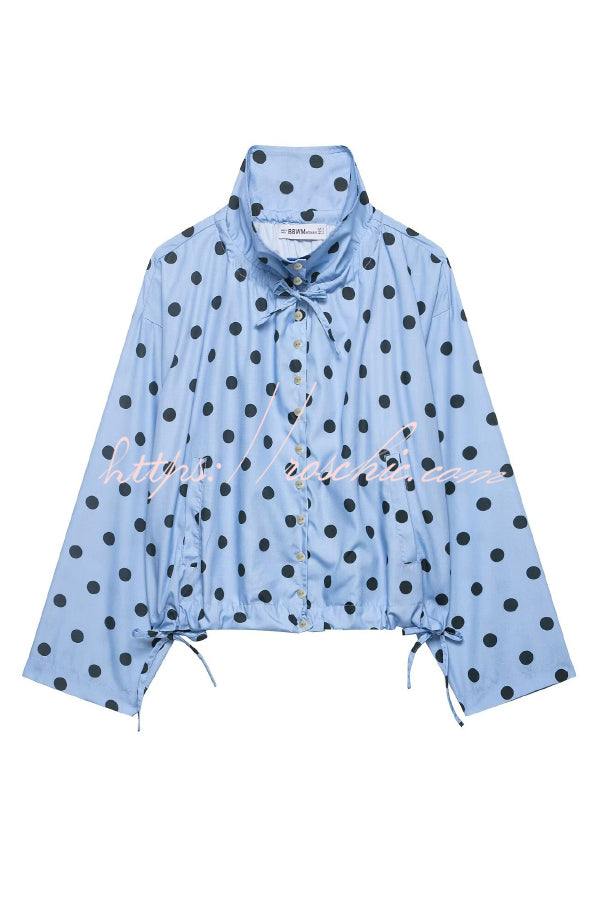 Polka Dot Print Loose Stand Collar Button Bow Tie Casual Long-sleeved Jacket