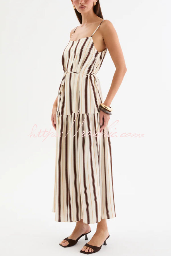 Striped Printed Spaghetti Strap Sleeveless Tie-up Casual Vacation Maxi Dress