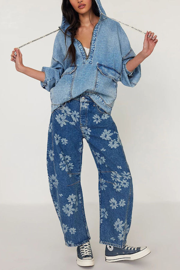 Fashionable Printed Casual Loose Mid-rise Pocket Leg Jeans