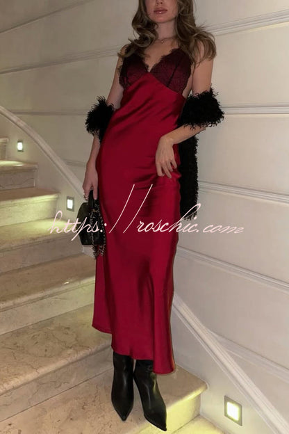 Fashionable Satin Lace Patchwork Spaghetti Strap Backless Elegant Slim-fit Maxi Dress