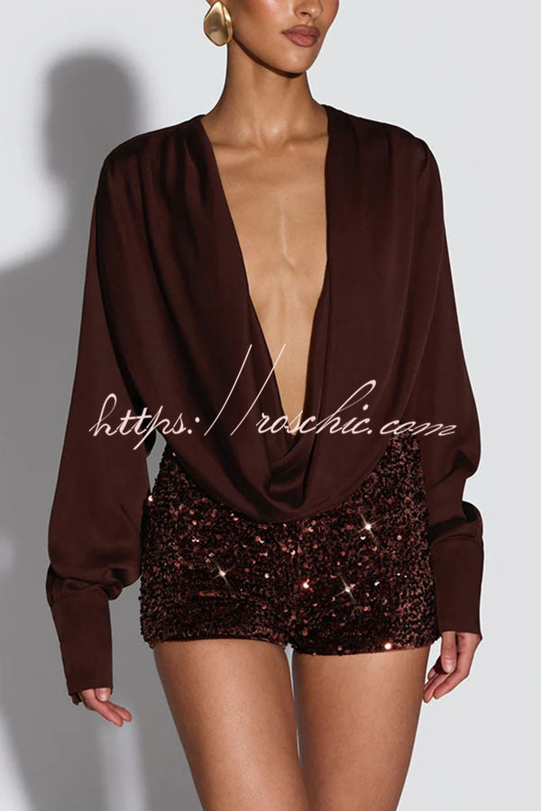 Girls Night Satin Drape Cowl Neck Shirt and Velvet Sequin Elastic Waist Shorts Set