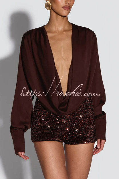 Girls Night Satin Drape Cowl Neck Shirt and Velvet Sequin Elastic Waist Shorts Set