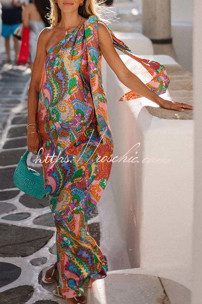 Rainbow Breeze Satin Unique Print Bow One Shoulder Loose Maxi Dress