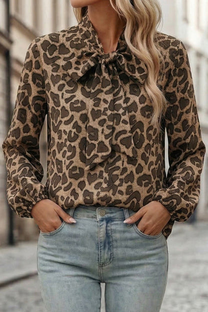 Leopard Print Bow Collar Long-sleeved Loose Shirt