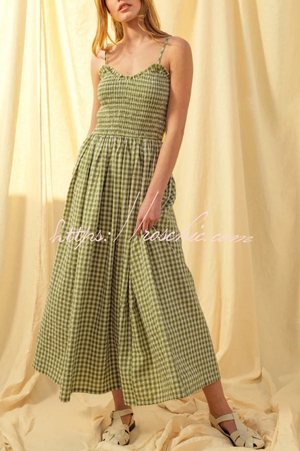 Stylish Plaid Print Spaghetti Strap Ruched Casual Pocket Maxi Dress