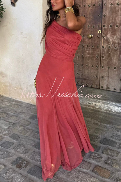 In My Arms Mesh Ruched Strapless Paneled Drape Flare Maxi Dress
