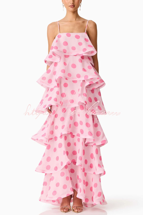Polka Dot Print Layered Square Neck Suspender Casual A-line Maxi Dress