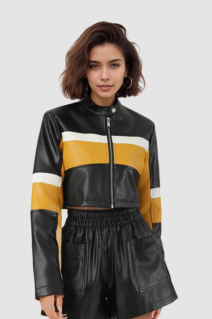 Chaqueta corta de PU colorblock