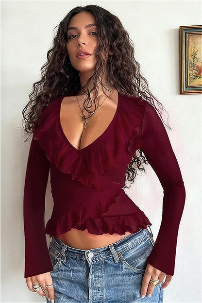 Camiseta de manga larga asimétrica con cuello en V, lazo delantero y volantes