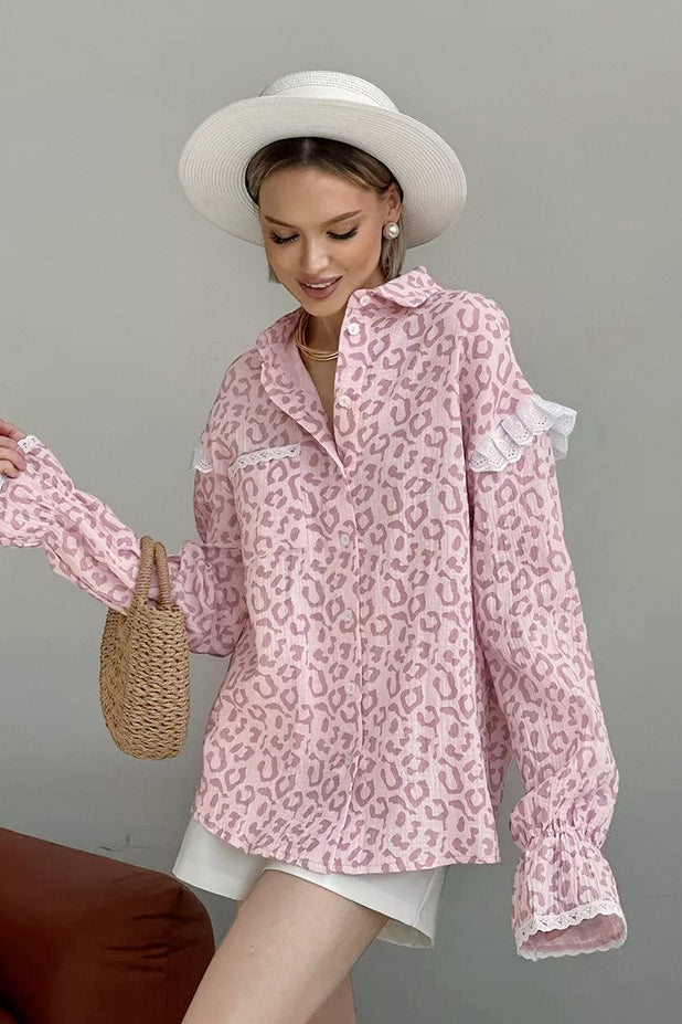 Pink Leopard Print Fashion Ruffle Blouse