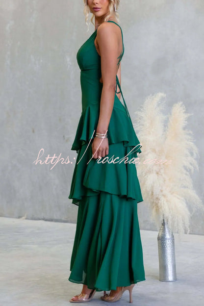 Solid Color V-neck Sleeveless Elegant Layered Maxi Dress