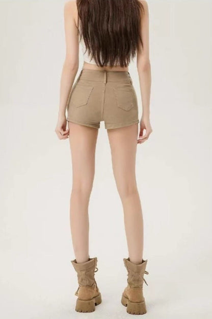 High Rise Curvy Fit Khaki Denim Shorts
