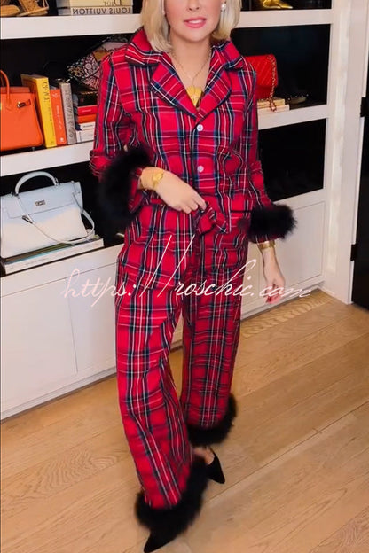 Holiday Time Plaid Contrast Feather Sleeve Pocket Shirt and Elastic Waist Pajama Set