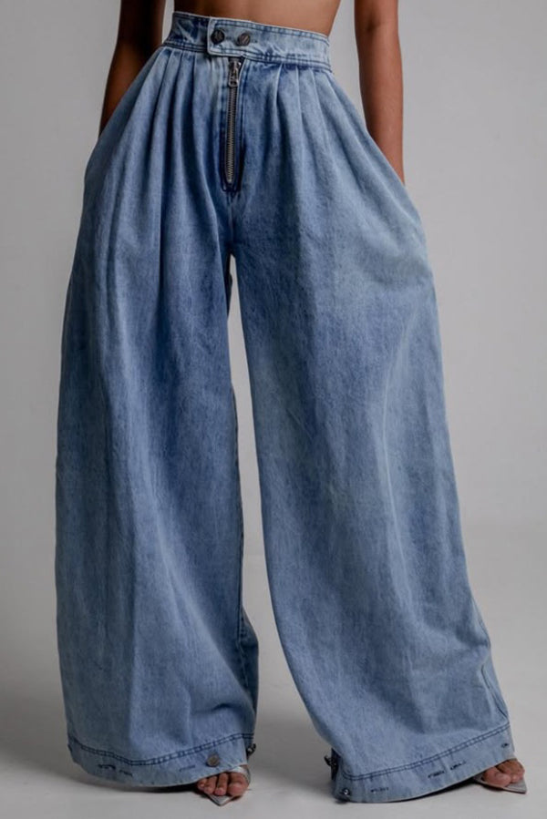 Fashion High Waist Vintage Zipper Cuffed Loose Jeans