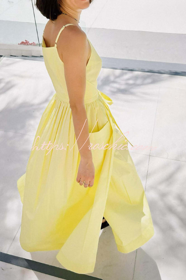 Solid Color Sleeveless Side Slit Tie-up Casual Vacation Pocket Maxi Dress