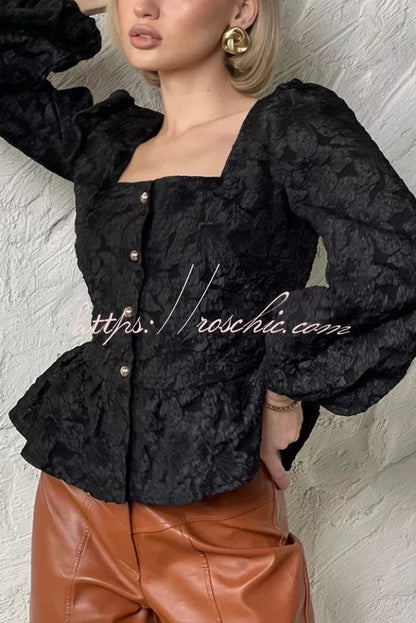 Solid Color Jacquard Square Neck Puff Sleeve Elegant Button Top