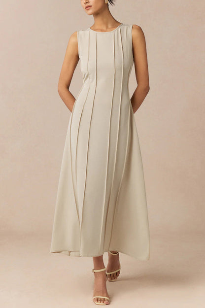 Solid Color Round Neck Sleeveless Elegant Pleated Casual Maxi Dress