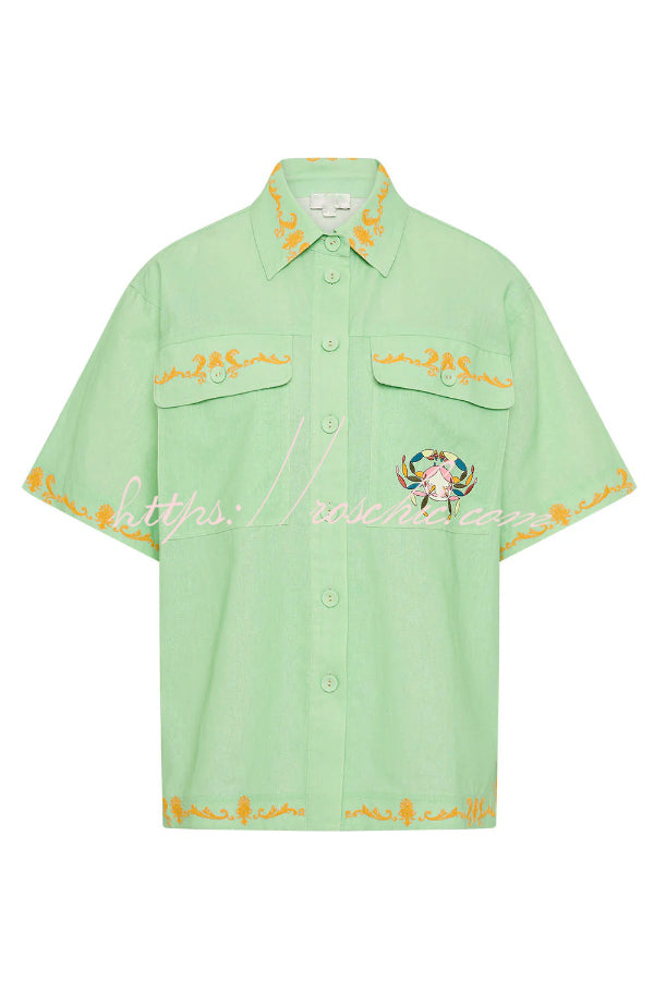 Linen Blend Loose-fitting Short-sleeved Button-down Shirt and Casual Pocket Shorts Set