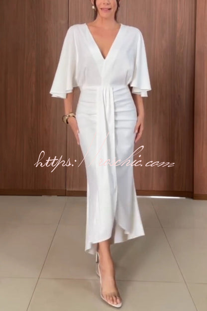 Solid Color V-neck Ribbon Waist-cinching Casual Maxi Dress