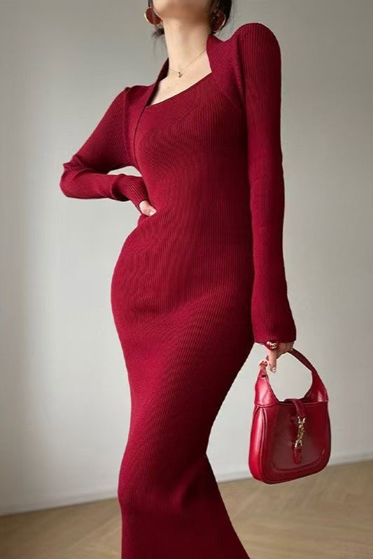 Vestido maxi ajustado de punto liso con cuello cuadrado