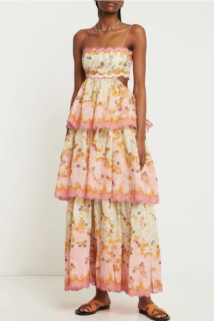 Vestido maxi bordado con borlas y aberturas en la cintura, con tirantes y capas, a la moda