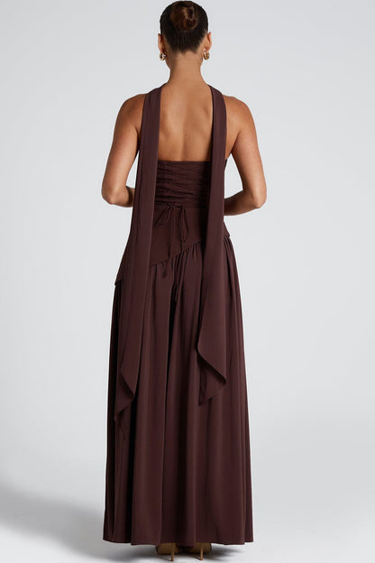 Vestido formal estilo bustier fluido con bloques de color y nudo