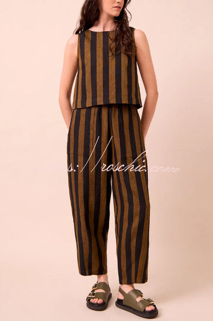 Striped Printed Crew Neck Sleeveless Top and Elastic Waist Wide-leg Pants Set