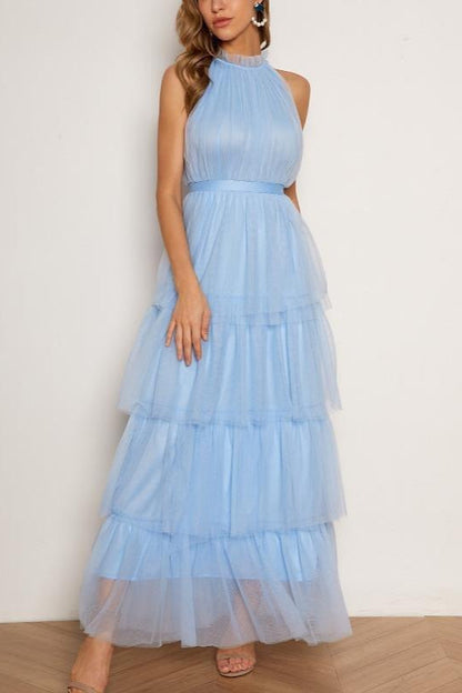 Vestido de fiesta de malla con volantes escalonados azul
