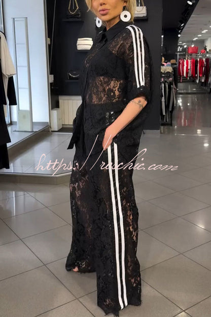 Mix Fashion Lace Striped Trim Short Sleeve Button Shirt and Elastic Waist Pocket Loose Pants Set