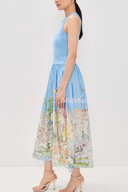 Ink Wash Print Round Neck Sleeveless Resort-style Midi Dress