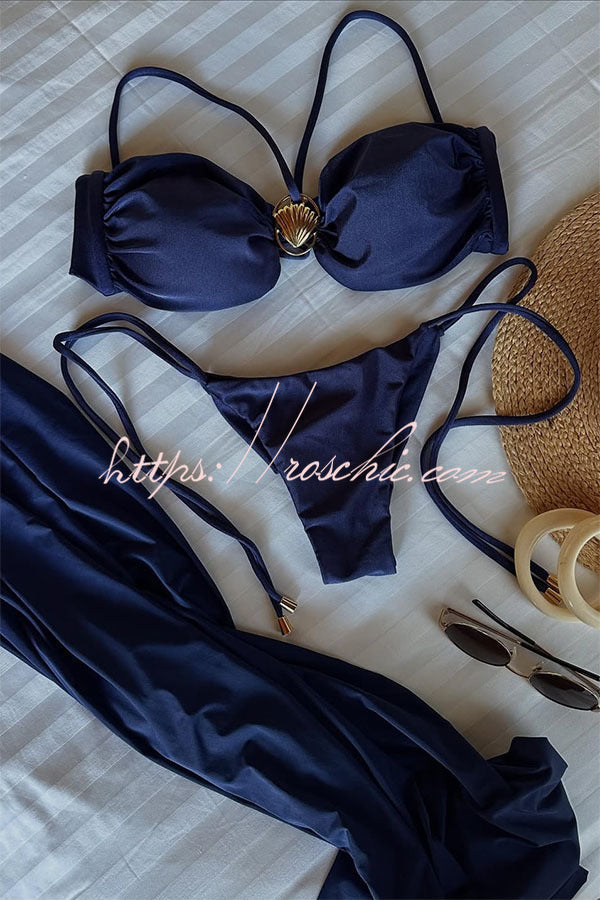 Metal Shell Straps Elastic Bikini and Slit Cover-up Dress Three-piece Set