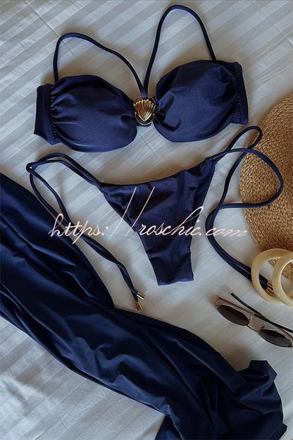 Metal Shell Straps Elastic Bikini and Slit Cover-up Dress Three-piece Set