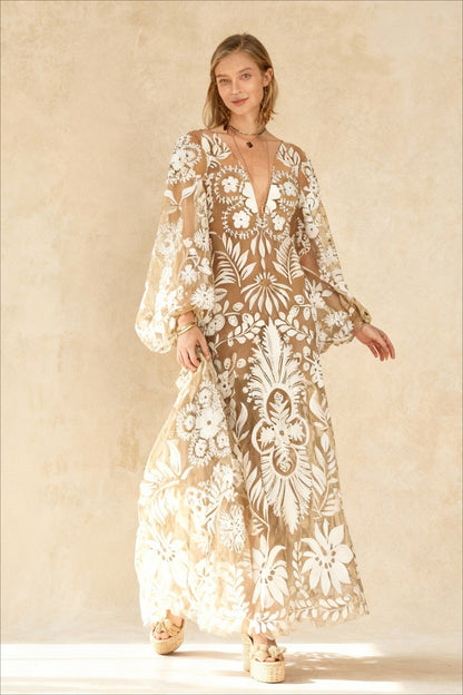 V-Neck  Summer Casual Long Sleeve Boho Dress