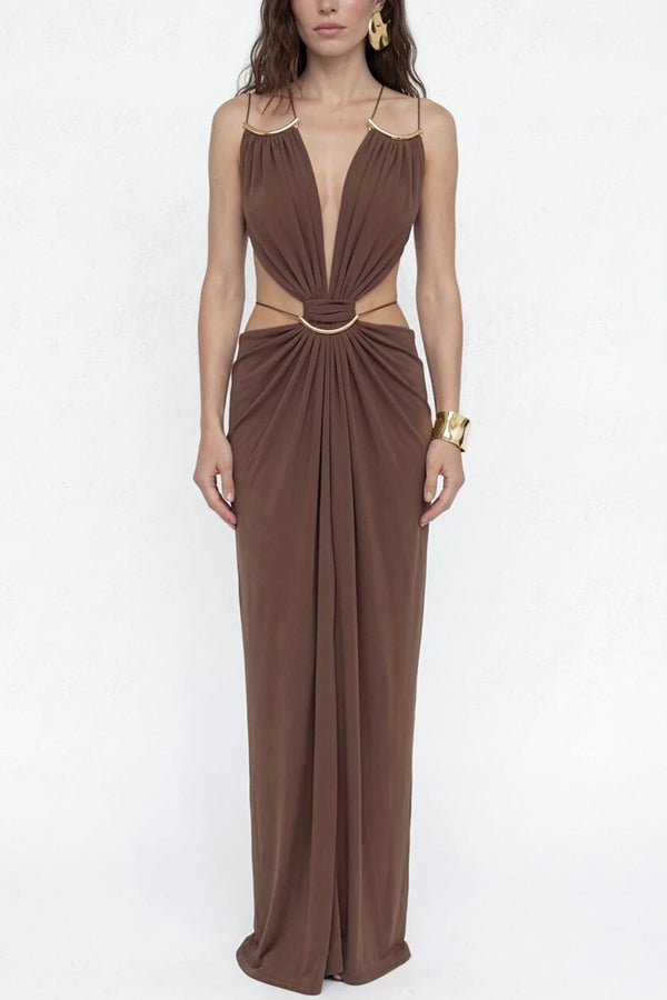 Athena Metal-Link Cutout Design Back Lace-up Drape Maxi Dress