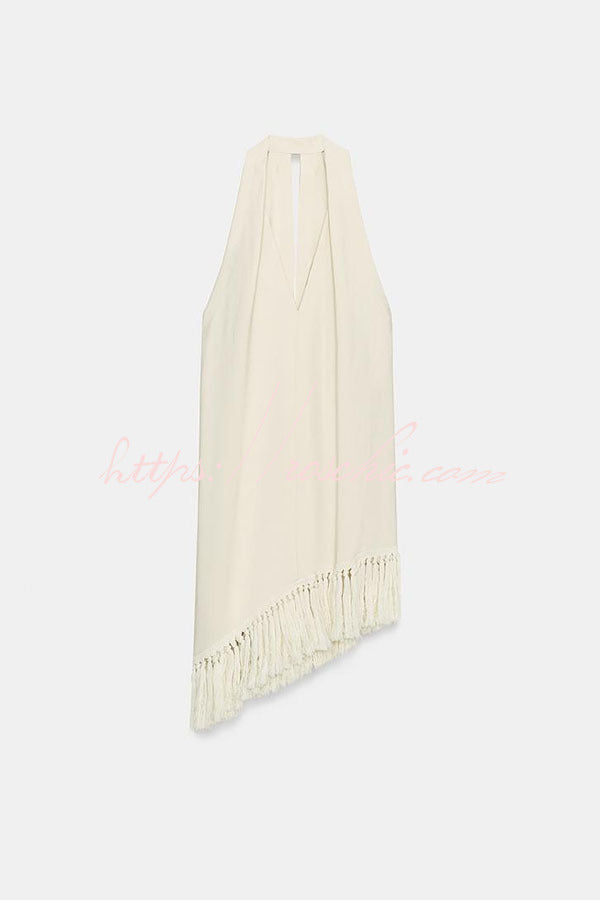 Kortnie Linen Blend Tassel Hem Halter A-line Top and High Rise Pocket Wide Leg Slit Pants Set