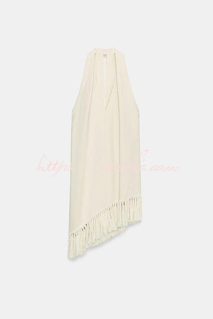 Kortnie Linen Blend Tassel Hem Halter A-line Top and High Rise Pocket Wide Leg Slit Pants Set