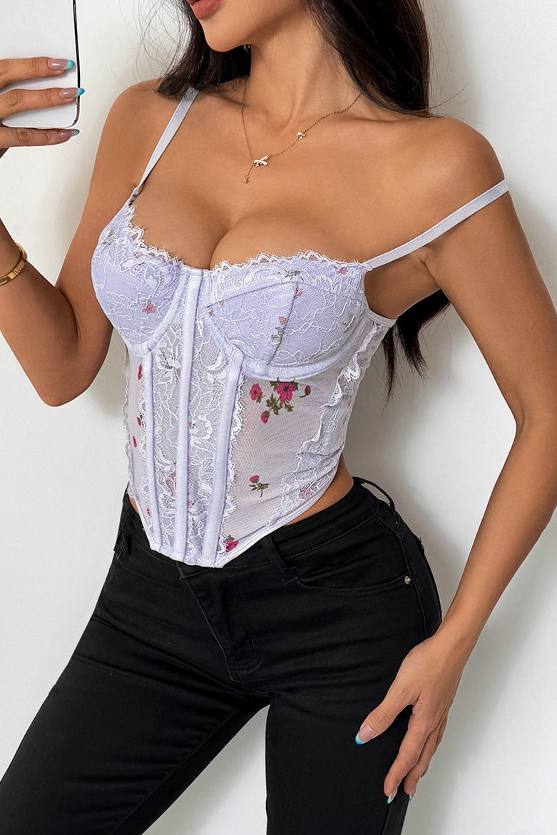 Top lencero de encaje ligero con bustier floral sexy