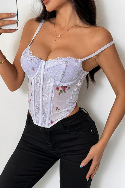 Top lencero de encaje ligero con bustier floral sexy
