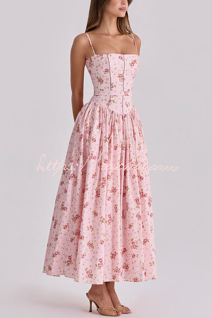Romantic Countryside Stretch Cotton Blend Floral Print Cutout Trim Slip Midi Dress