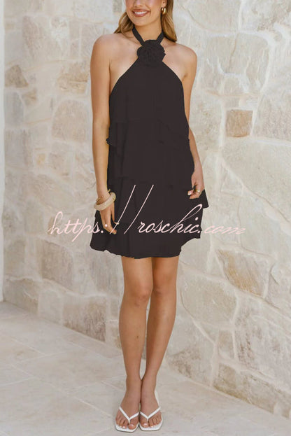 Solid Color Chiffon Halter Neck Backless Layered Ruffle Mini Dress