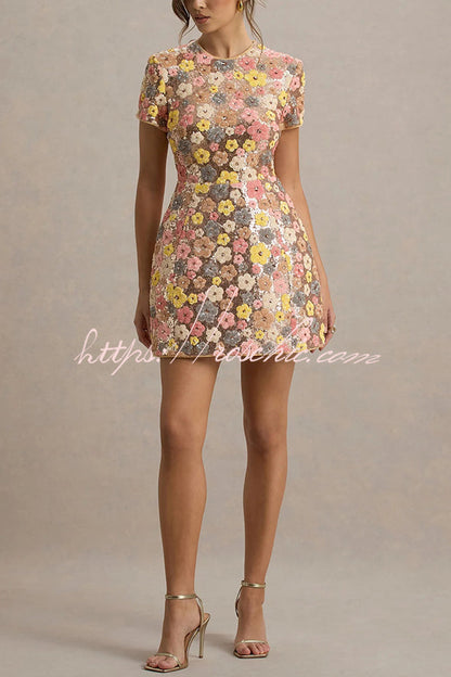 80's Inspired Floral Print Sequin Short Sleeve Stretch Mini Dress