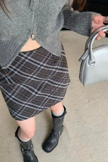 Falda Corta Ajustada de Talle Alto Vintage de Tweed a Cuadros
