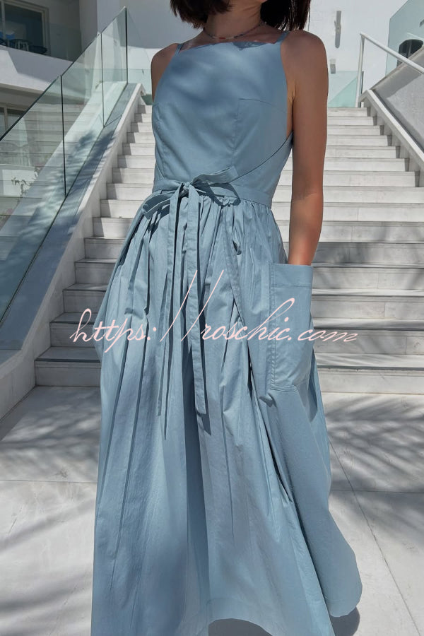 Solid Color Sleeveless Side Slit Tie-up Casual Vacation Pocket Maxi Dress