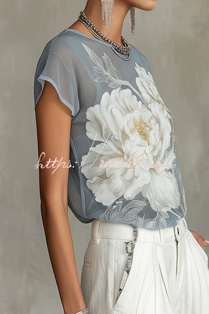 Peony Print Round Neck Chiffon Blouse