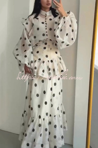 Stylish Polka Dot Print Stand Collar Long Sleeve Elegant Ruffle Maxi Dress
