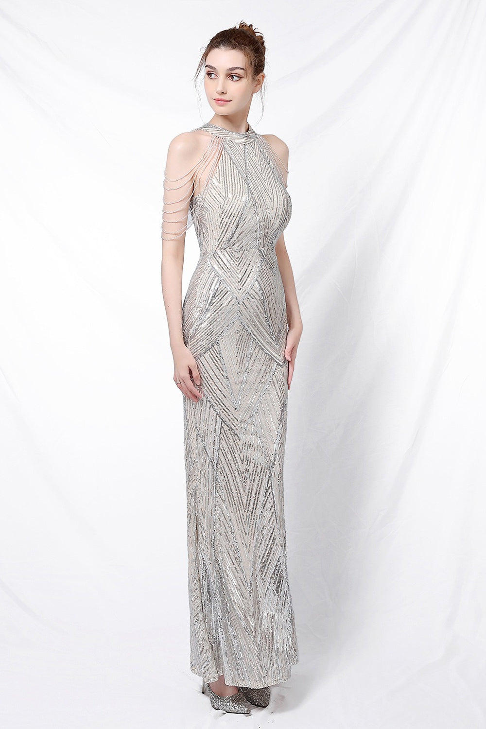Vestido de fiesta maxi con lentejuelas, escote halter y corte de sirena