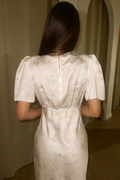 V Neck Lace Patchwork Floral Puff Sleeve Maxi Dress