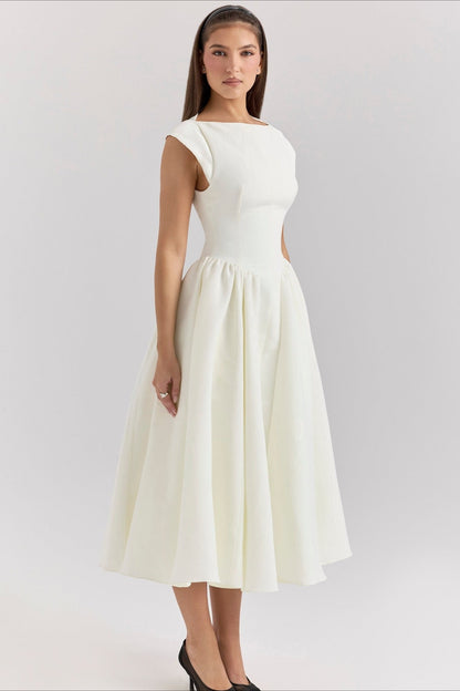 Vestido midi minimalista liso sin espalda con vuelo